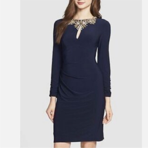 Vince Camuto embellished keyhole beaded lined stretchy gathered dress - Picture 1 of 10